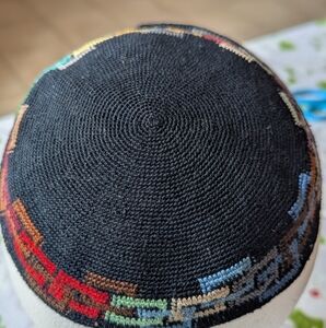 Colorful geometric Hand Crafted Kippah On Black Jewish. Made In Israel.